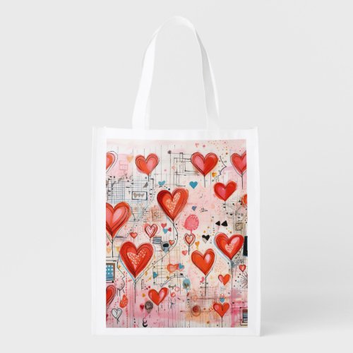 Red Hearts Whimsical Love Pattern Grocery Bag