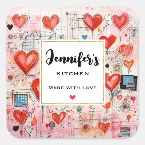 Red Hearts Whimsical Love Pattern Kitchen Square Sticker