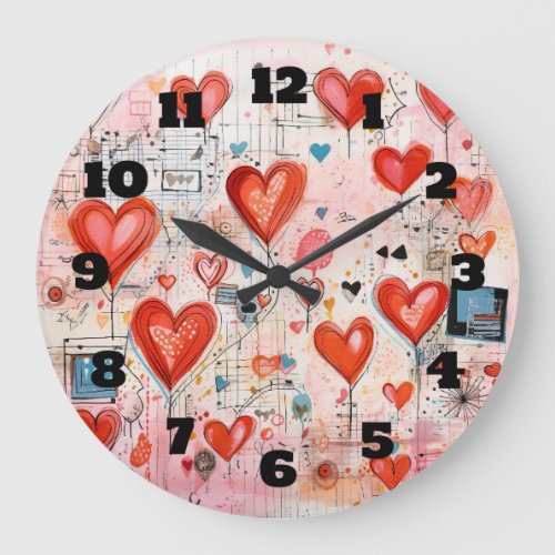 Red Hearts Whimsical Love Pattern Large Clock