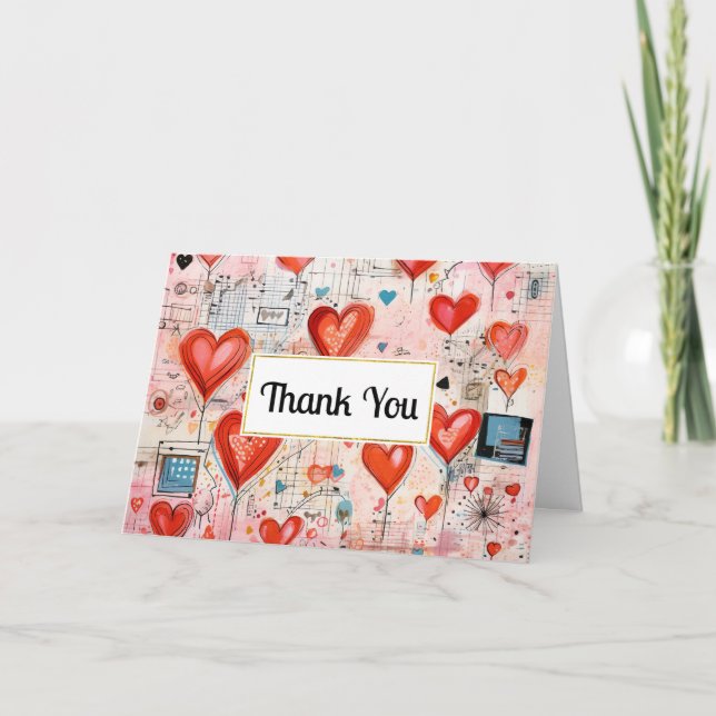 Red Hearts Whimsical Love Pattern Letterpress Thank You Card (Front)