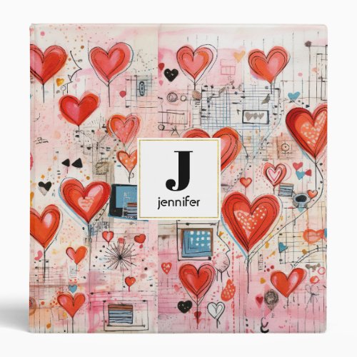 Red Hearts Whimsical Love Pattern Monogram 3 Ring Binder