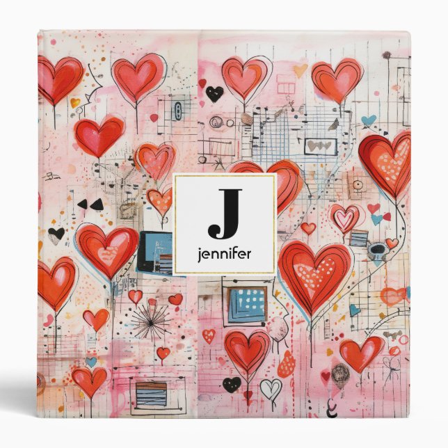 Red Hearts Whimsical Love Pattern Monogram 3 Ring Binder (Front)
