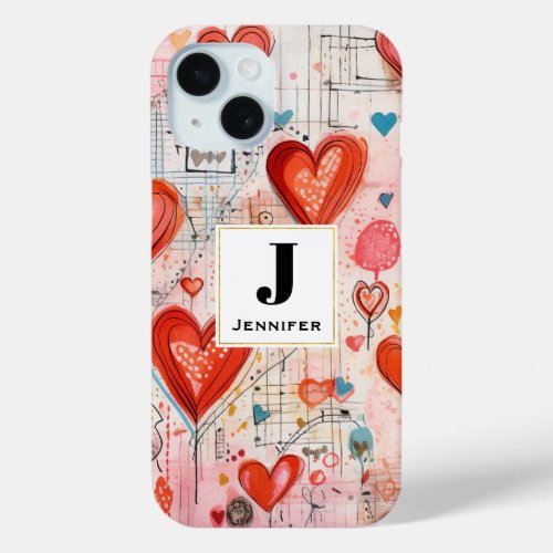Red Hearts Whimsical Love Pattern Monogram iPhone 15 Case