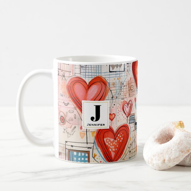 Red Hearts Whimsical Love Pattern Monogram Coffee Mug (With Donut)