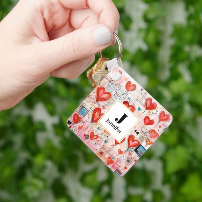 Red Hearts Whimsical Love Pattern Monogram Keychain (Hand)