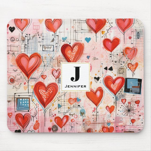 Red Hearts Whimsical Love Pattern Monogram Mouse Pad (Front)