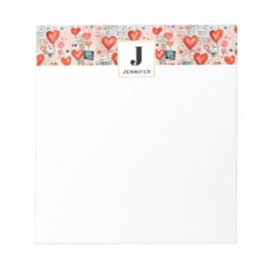 Red Hearts Whimsical Love Pattern Monogram Notepad