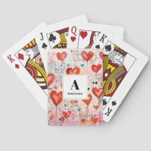 Red Hearts Whimsical Love Pattern Monogram Poker Cards