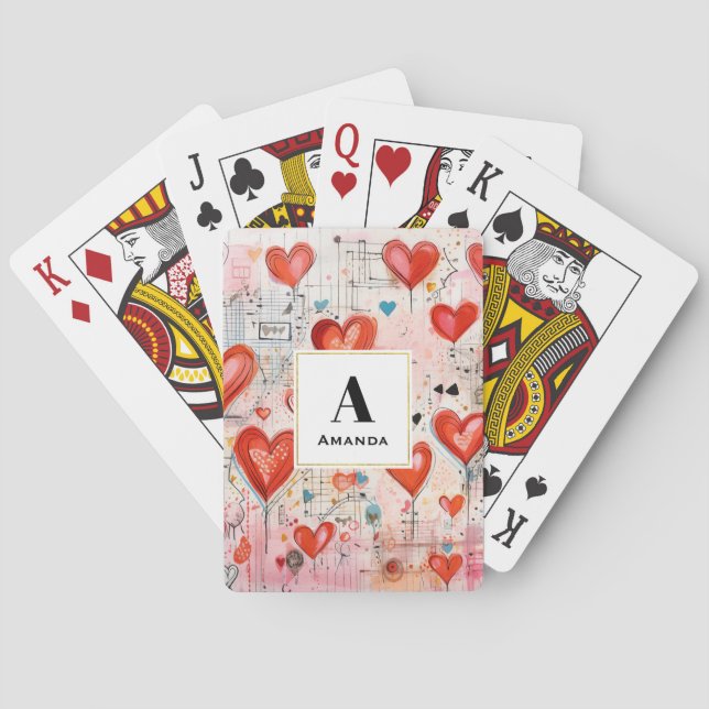 Red Hearts Whimsical Love Pattern Monogram Poker Cards (Back)