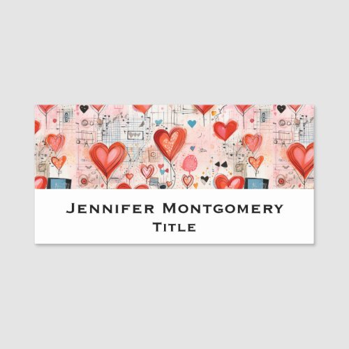 Red Hearts Whimsical Love Pattern Name Tag