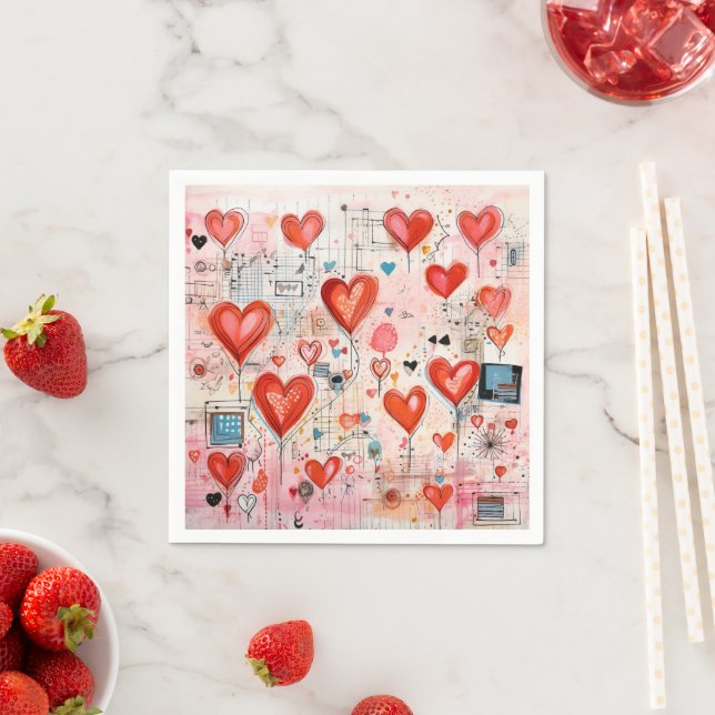  Red Hearts Whimsical Love Pattern Napkins (Insitu)