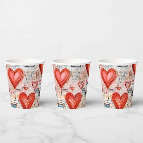 Red Hearts Whimsical Love Pattern Paper Cups