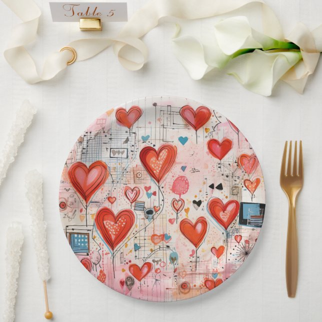 Red Hearts Whimsical Love Pattern Paper Plates (Wedding)