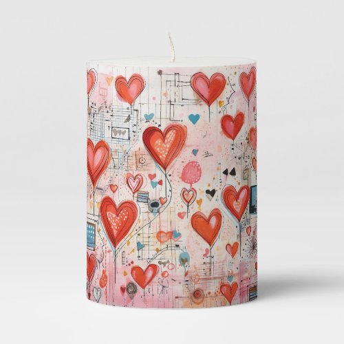 Red Hearts Whimsical Love Pattern Pillar Candle
