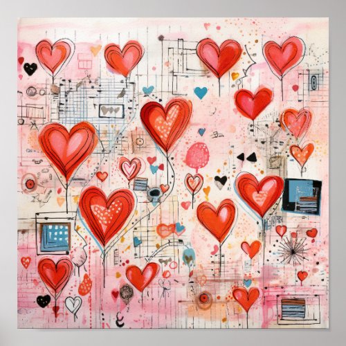  Red Hearts Whimsical Love Pattern Poster