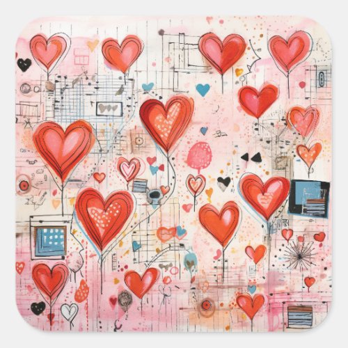 Red Hearts Whimsical Love Pattern Square Sticker