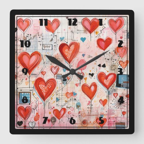 Red Hearts Whimsical Love Pattern Square Wall Clock