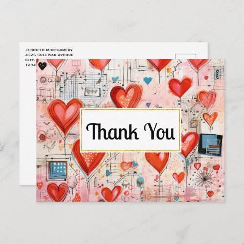 Red Hearts Whimsical Love Pattern Thank You Postcard