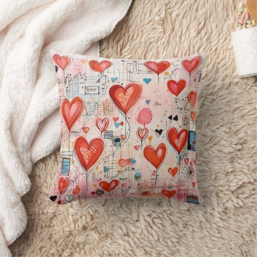 Red Hearts Whimsical Love Pattern Throw Pillow