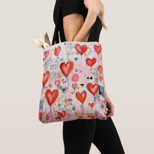 Red Hearts Whimsical Love Pattern Tote Bag