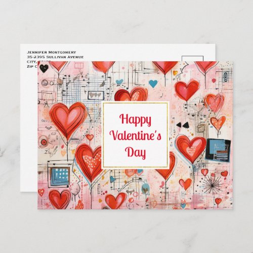 Red Hearts Whimsical Love Pattern Valentines Day Holiday Postcard