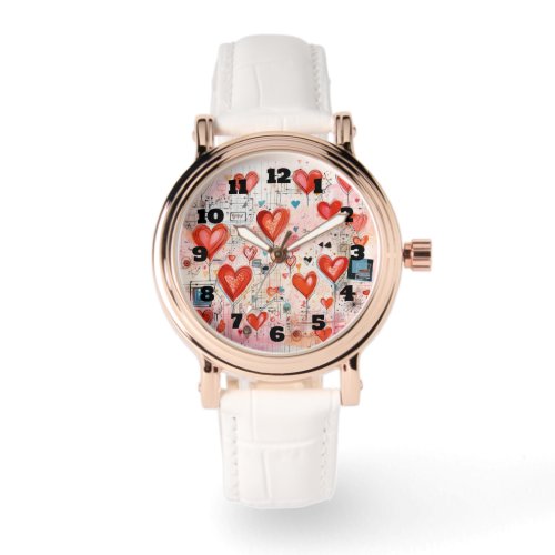 Red Hearts Whimsical Love Pattern Watch