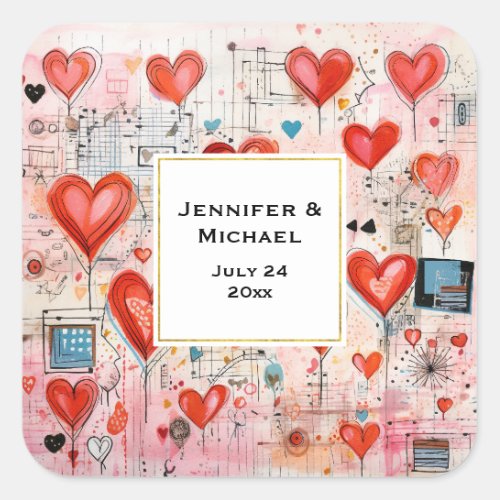 Red Hearts Whimsical Love Pattern Wedding Date Square Sticker