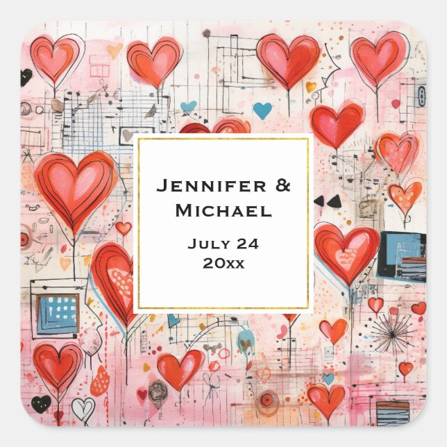 Red Hearts Whimsical Love Pattern Wedding Date Square Sticker (Front)