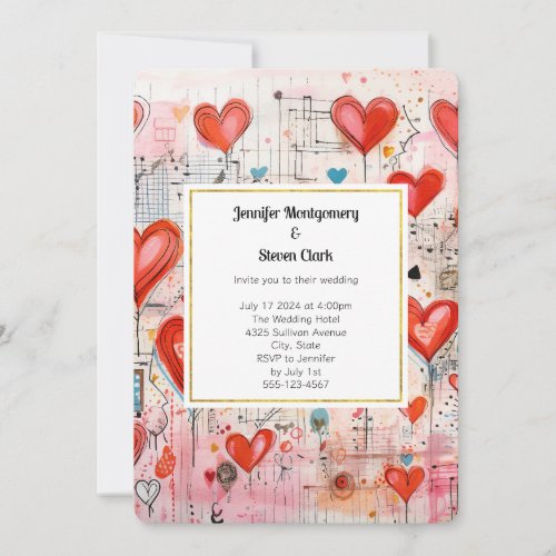 Red Hearts Whimsical Love Pattern Wedding Invitation