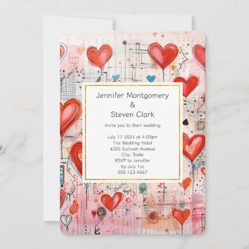 Red Hearts Whimsical Love Pattern Wedding Invitation