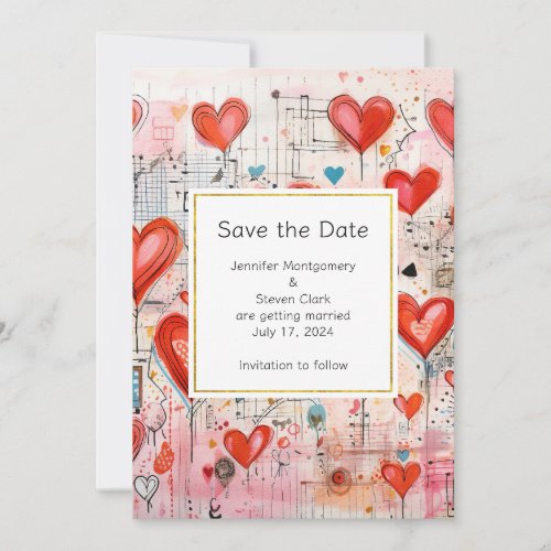 Red Hearts Whimsical Love Pattern Wedding Save The Date