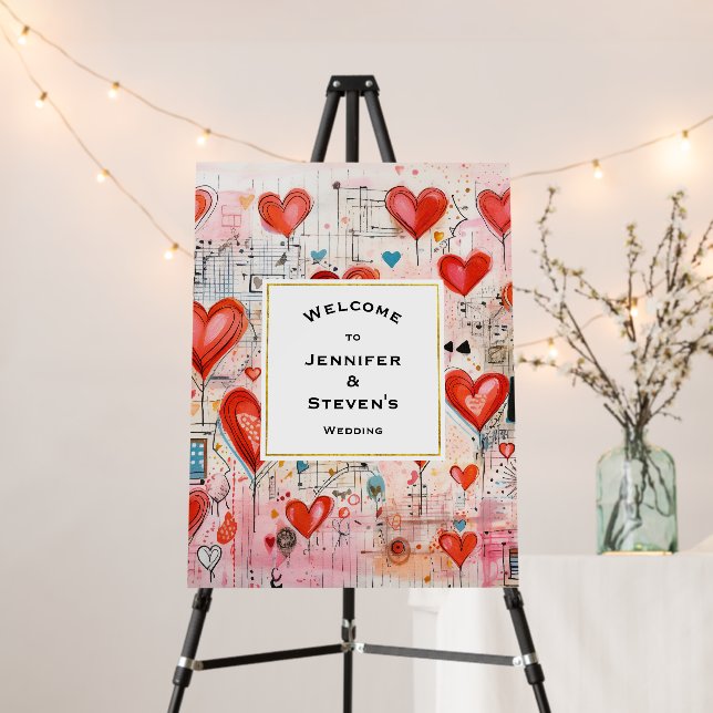 Red Hearts Whimsical Love Pattern Wedding Welcome Foam Board (In Situ (Stand))