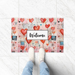 Red Hearts Whimsical Love Pattern Welcome Doormat