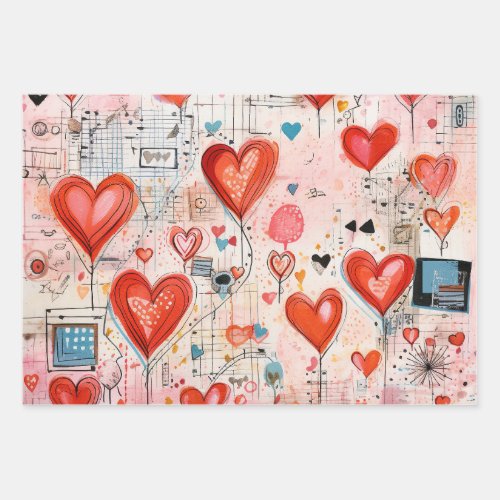 Red Hearts Whimsical Love Pattern Wrapping Paper Sheets