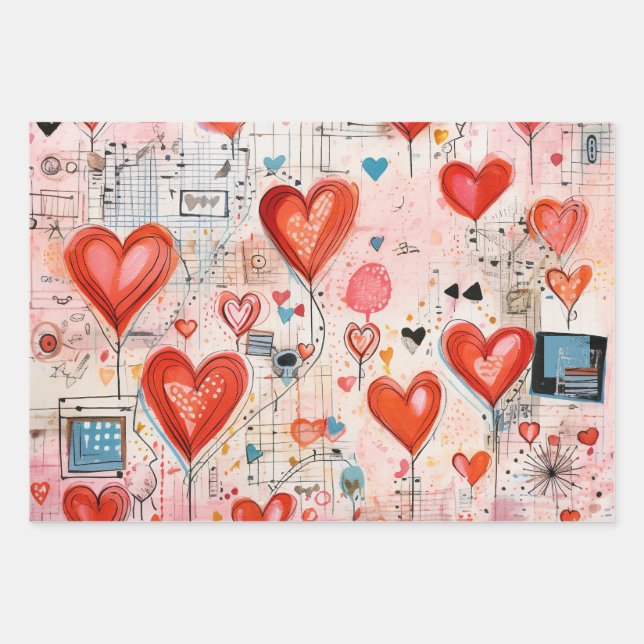 Red Hearts Whimsical Love Pattern Wrapping Paper Sheets (Front)