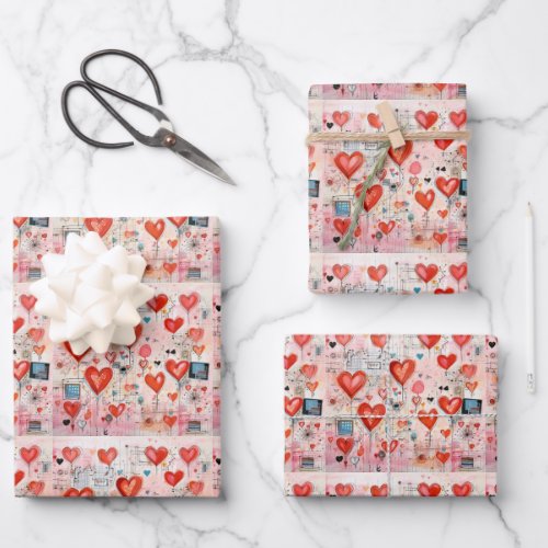 Red Hearts Whimsical Love Pattern Wrapping Paper Sheets