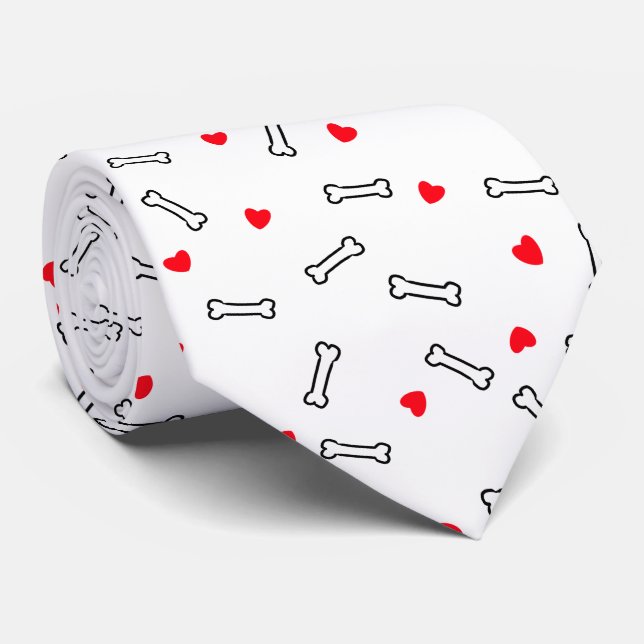 Red Hearts White Bones Dog Lover Neck Tie (Rolled)