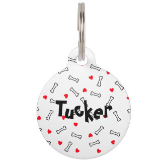 Red Hearts White Bones Dog Round Pet Tag