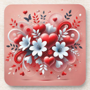 Red Hearts White Flowers Butterfly Valentine's Day Beverage Coaster