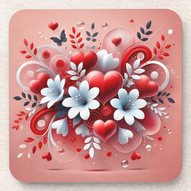 Red Hearts White Flowers Butterfly Valentine's Day Beverage Coaster (Front)