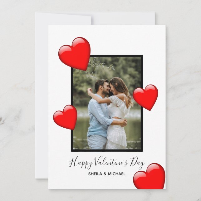 Red Hearts White Happy Valentine's Photo Holiday Card (Front)