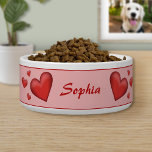 Red Hearts With Custom Pet Name Bowl<br><div class="desc">Destei's illustration of lovely red color hearts in different sizes. The background color is blush pink and the top and bottom have a thin red border. There is also a personalizable text area for a name or other custom text.</div>
