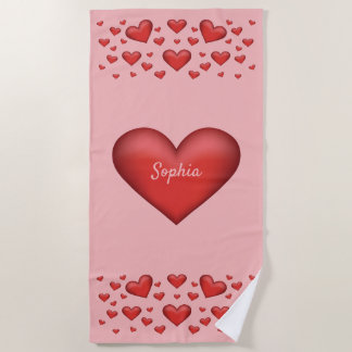 Red Hearts With Personalizable Text Beach Towel