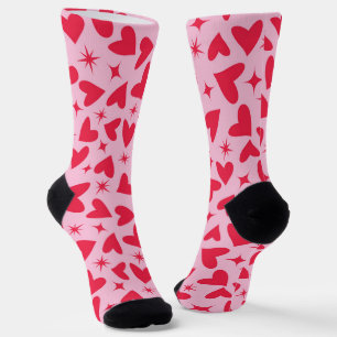 Red Hearts with Retro Starbursts on Pink Socks