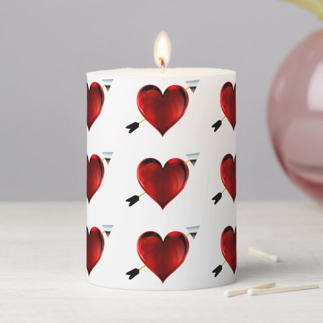 Red Hearts With Silver Arrows Pillar Candle (In Situ)