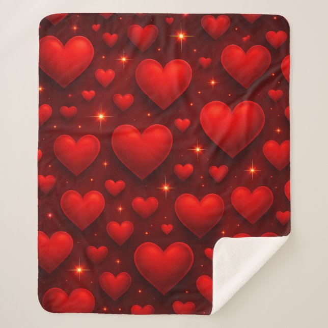 Red Hearts with Stars Pattern Sherpa Blanket (Front)