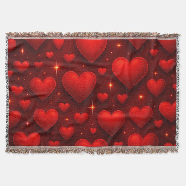 Red Hearts with Stars Pattern Throw Blanket (Front)