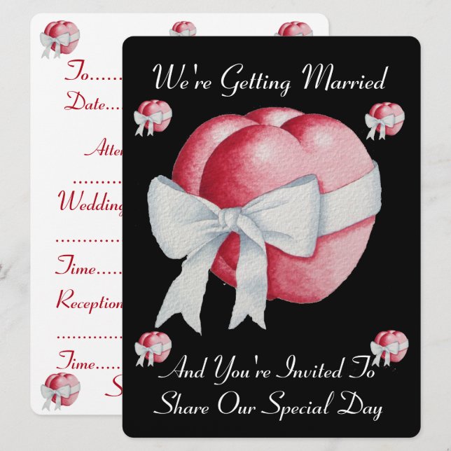 red hearts with white bow ribbon wedding invites (Front/Back)