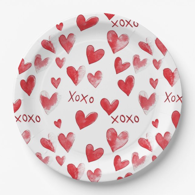 Red Hearts XOXO Love Paper Plates (Front)