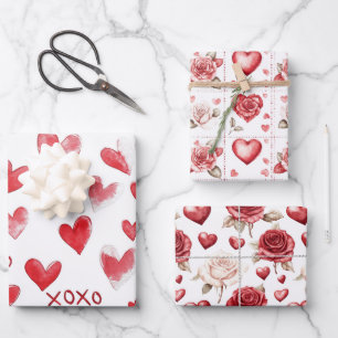 Red Hearts XOXO Love Valentine's Day Romance Wrapping Paper Sheets
